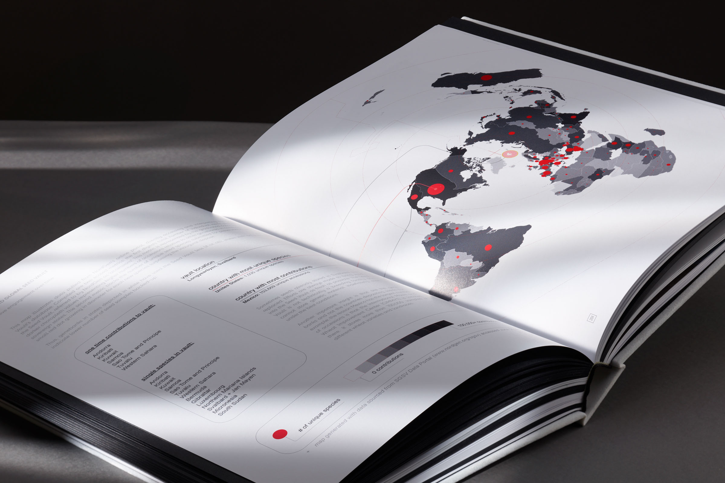 Precisiedruk van wereldkaart en infografiek op Arctic Paper in luxe boek Frozen Heritage, gedrukt door Buroform